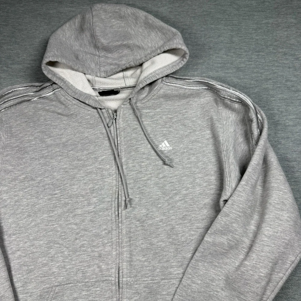 Adidas Hoodie Mens L Gray Full Zip 3-Stripe Metallic Silver Logo Fleece 25x31‎